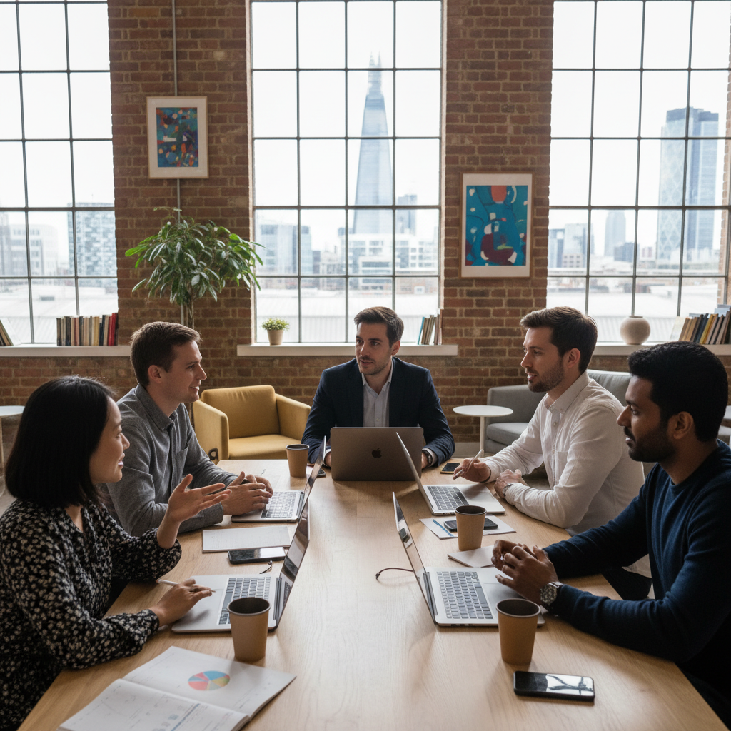A diverse group of entrepreneurs in a modern London co-working space, discussing strategy over laptops, photorealistic, natural lighting, 8k resolution.