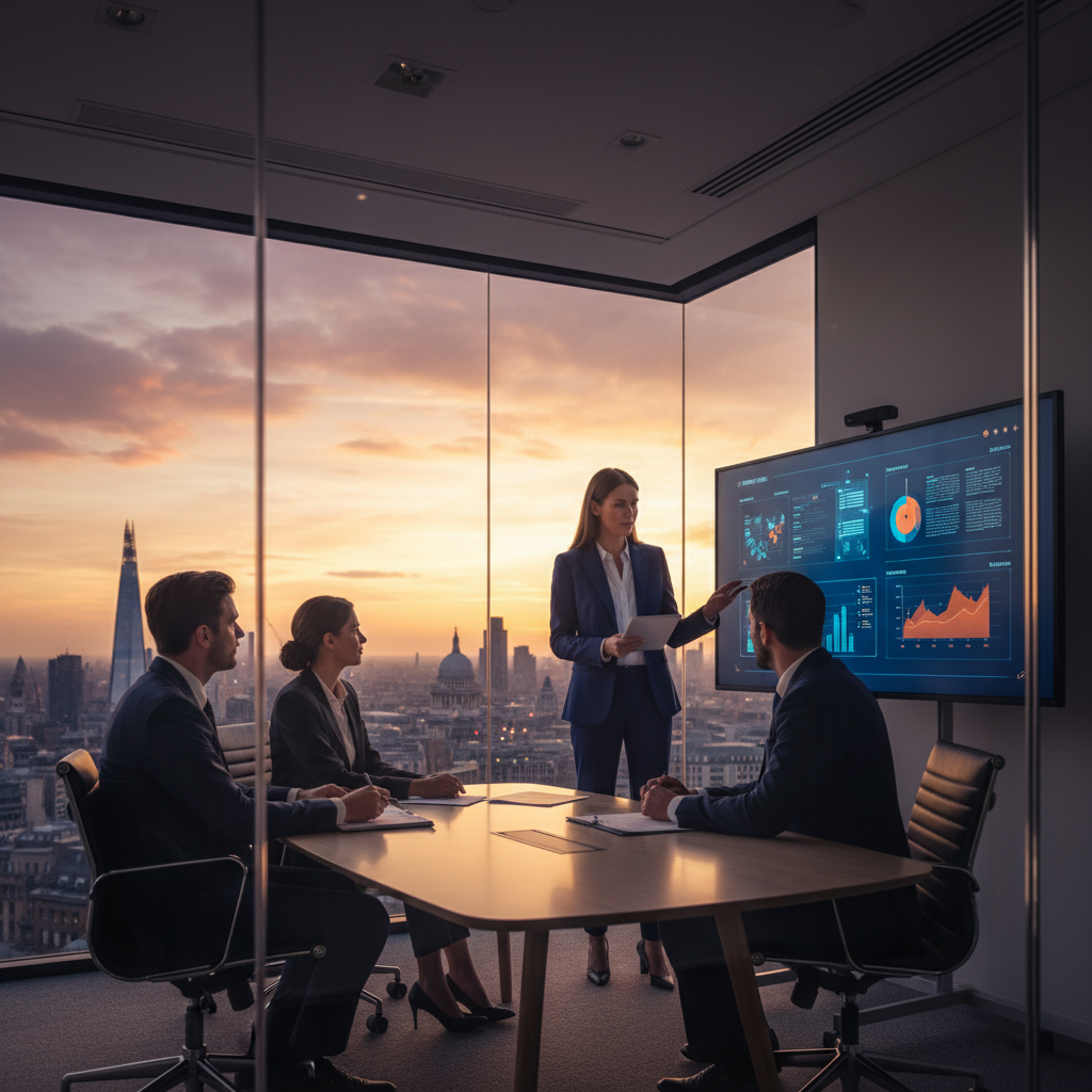 A professional business pitch meeting in a glass-walled office overlooking the London skyline at sunset, high quality photography, cinematic lighting.