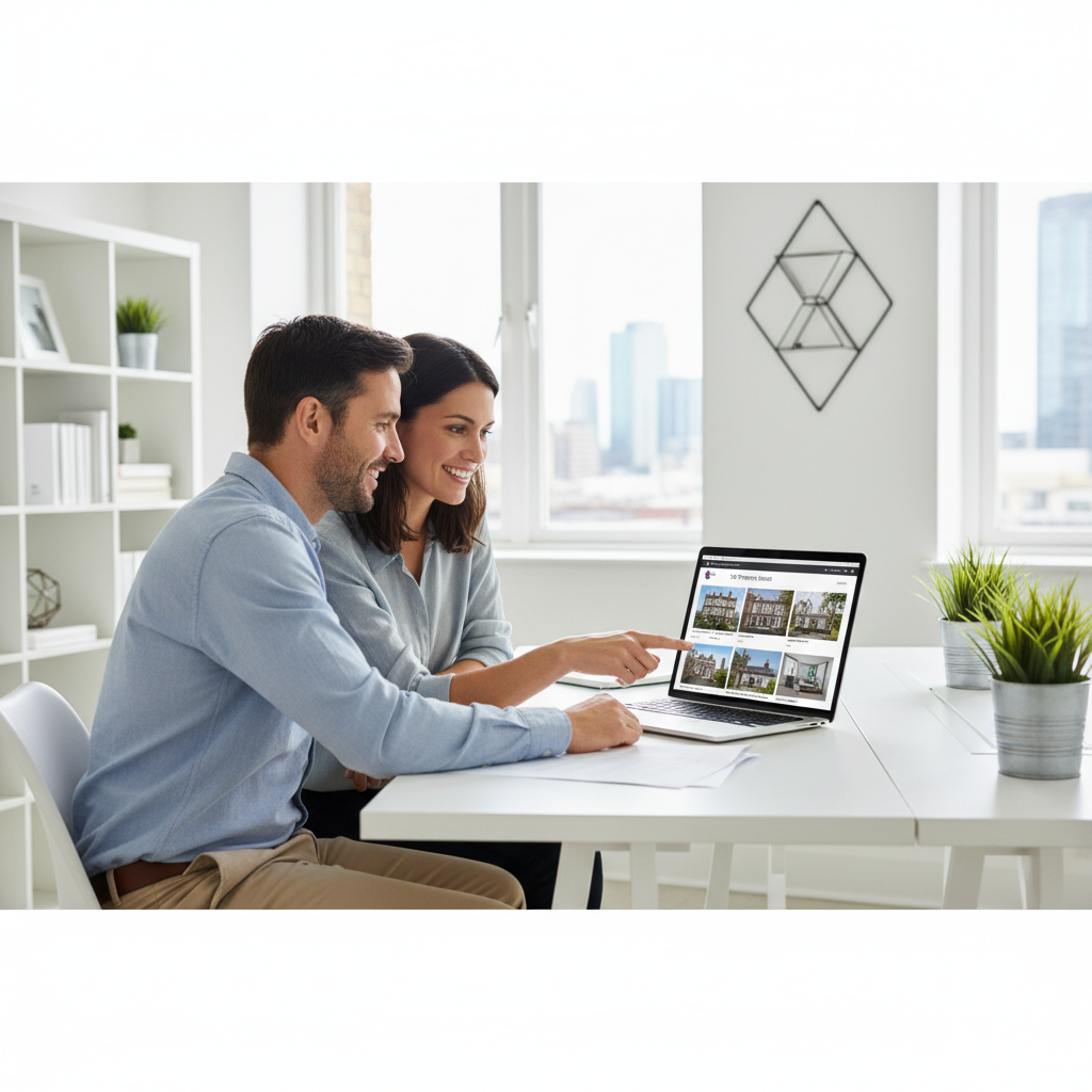 A professional expat couple in a modern office looking at a laptop screen displaying UK property listings, photorealistic style, bright and airy atmosphere.