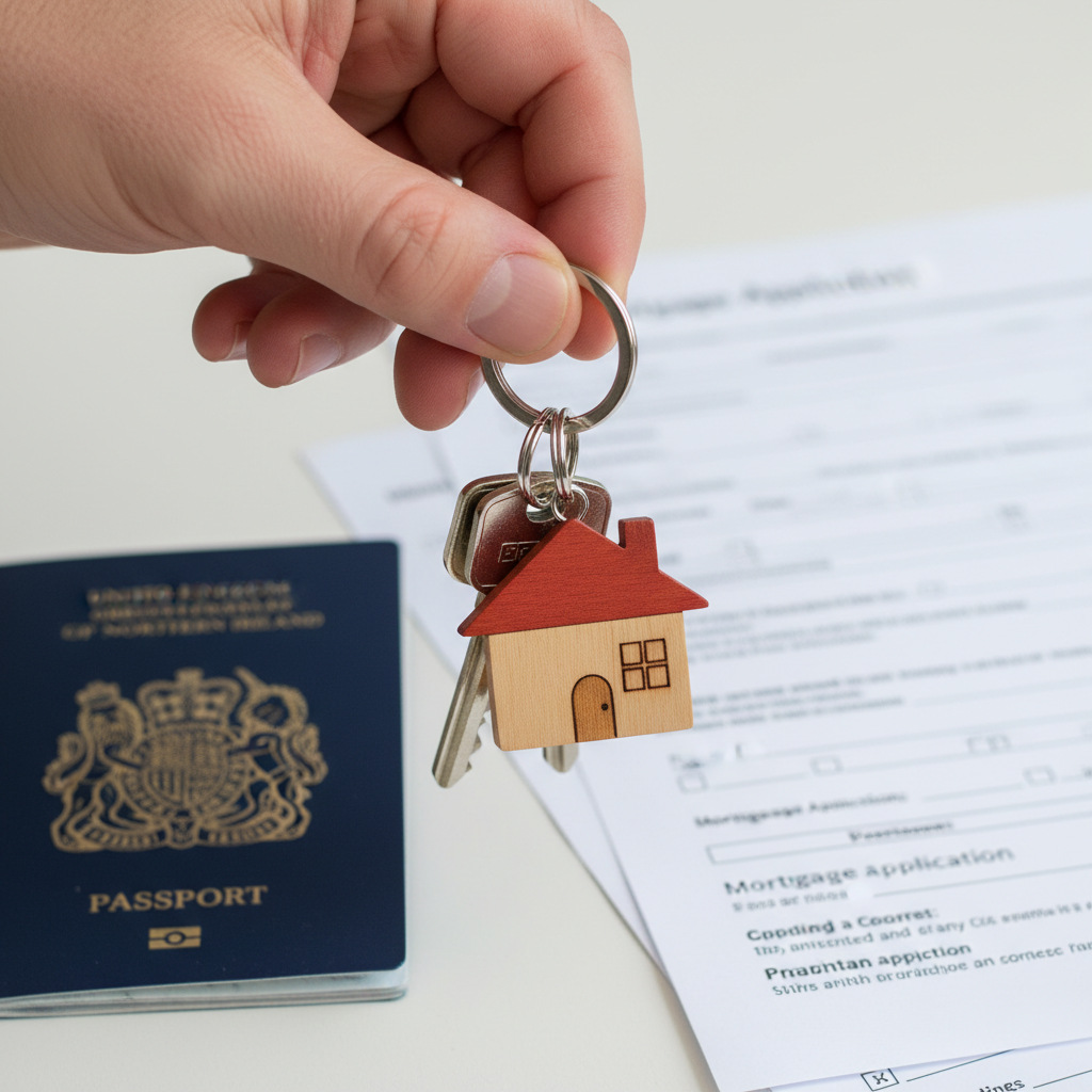 A close-up of a hand holding a set of keys with a miniature house keychain, a blurred UK passport and mortgage application forms in the background, photorealistic.
